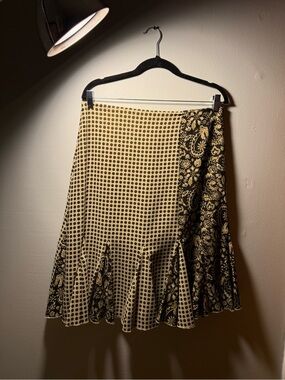Vintage Y2K Polka Dot & Paisley Panel Midi Skirt - Black and Olive Green